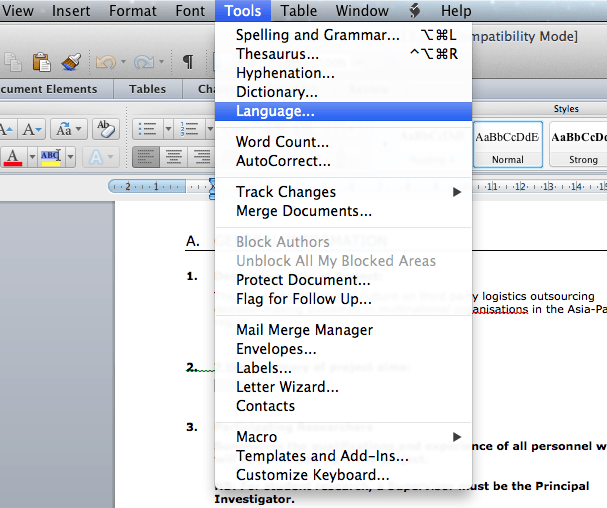 word for mac languages